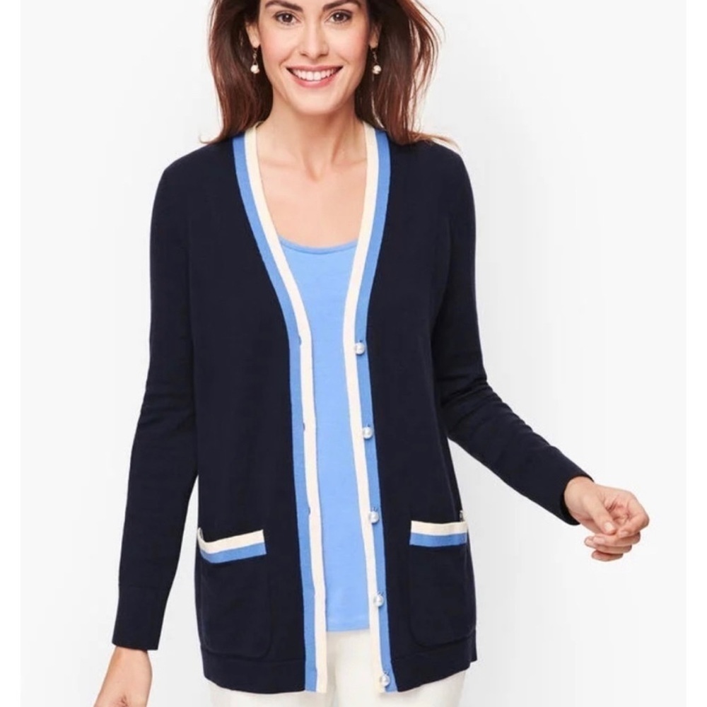 Talbots Navy Tipped Sweater Cardigan Front Bottoms Size L